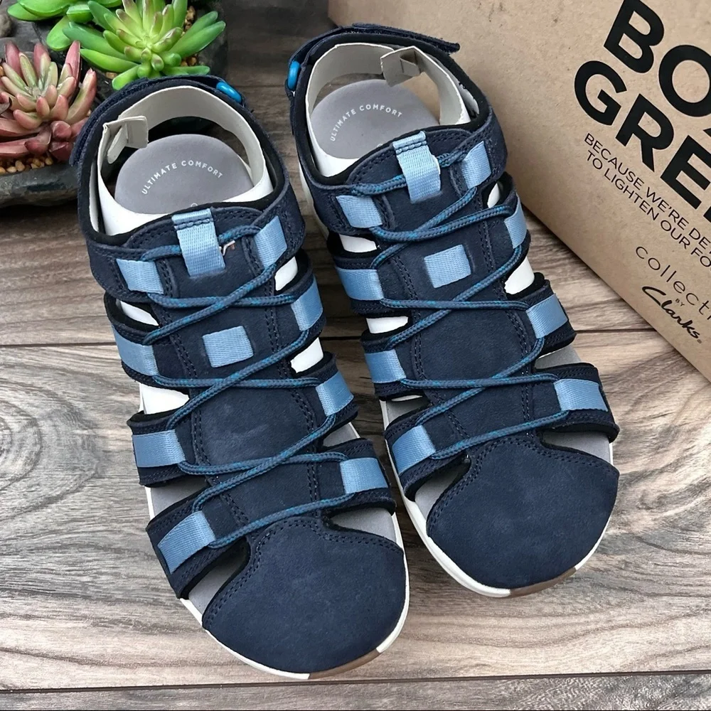NIB Clarks Solan Sail Fisherman Sandal Navy Combi Suede